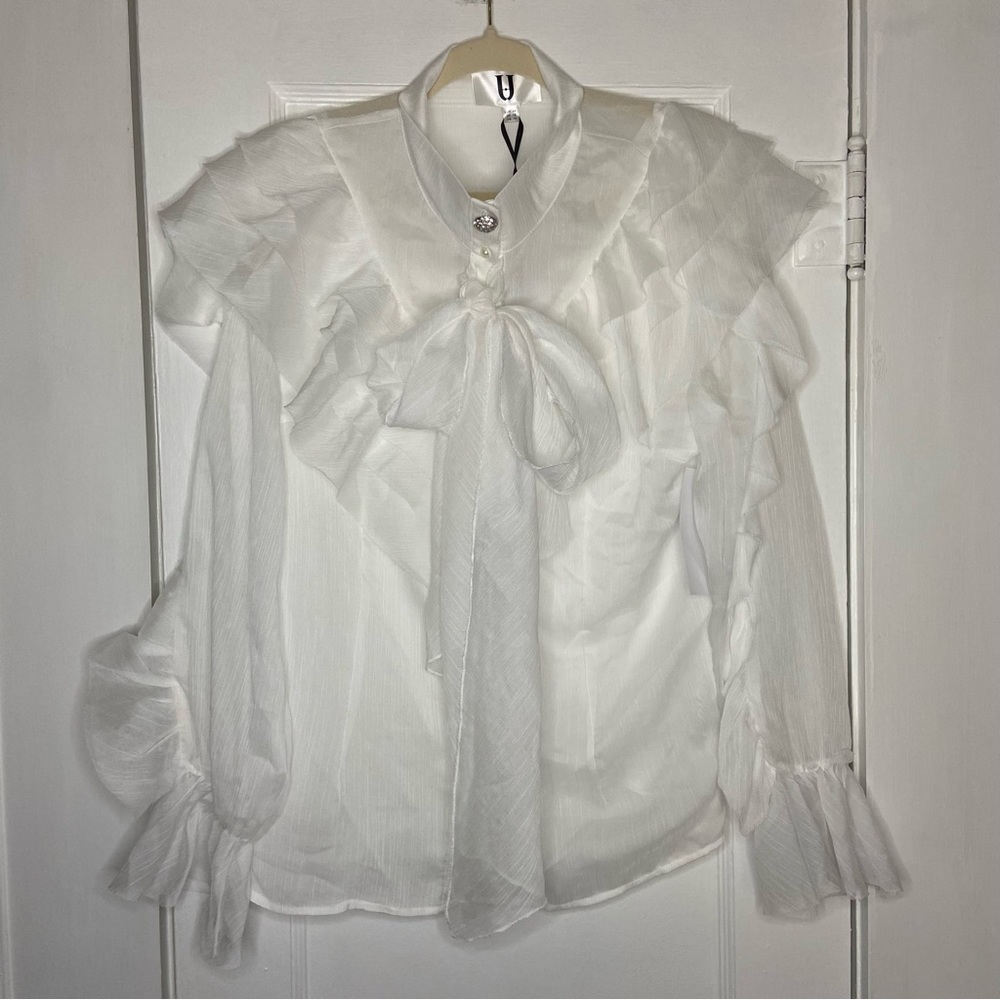 Forever Unique Organza Ruffle Trim Button Down Tie Blouse In White Size 14 - Picture 3 of 15